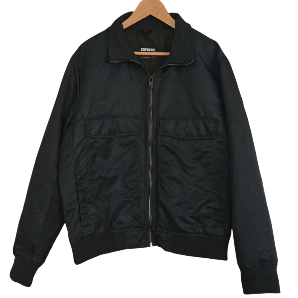 Express Bomber Jacket Mens Size Large Navy Blue Snap Pockets Water Resistant